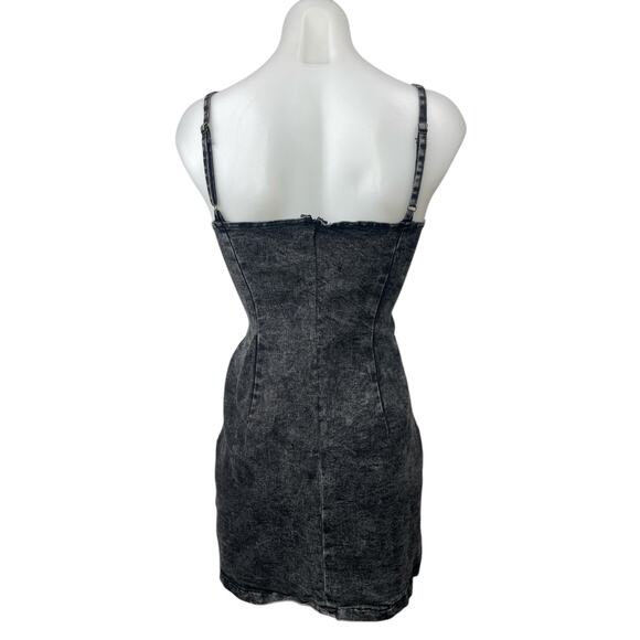 Women's Black Washed Sleeveless V Neck Lace Up Denim Jean Mini Bodycon Dress M - Picture 2 of 2